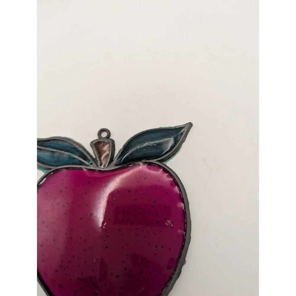 Vintage Stained Apple Sun Catcher‎ Window Ornament Pink Teal Leaves 3.5x3.5